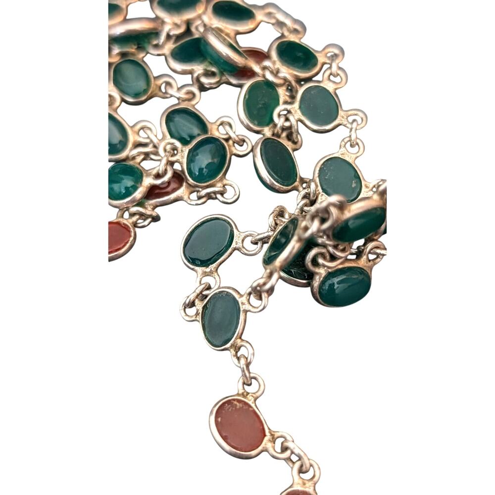 Vtg Green & Red Onyx Cabochons 925 Sterling Silver Collar Hook Clasp Necklace - Picture 6 of 11